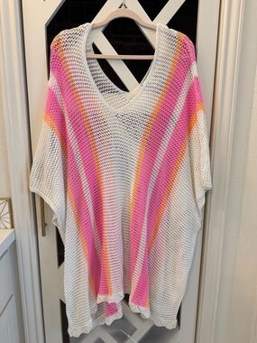 Shiraleah Cream Open-Knit Beach Cover-Up with Pink & Orange Accents
